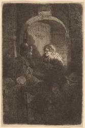 Femme à une trappe de porte parlant à un homme et des enfants (Le Maître d