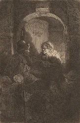 Femme à une porte parlant à un homme et des enfants, 1641