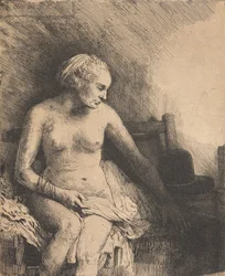 Femme dans son bain, avec un chapeau à côté d