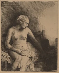 Femme dans son bain, avec un chapeau à côté d