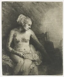 Femme au bain avec un chapeau à côté