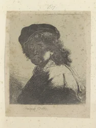 Autoportrait avec béret et foulard, le visage dans l