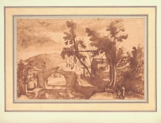 Un paysage montagneux avec un pont sur une rivière, des personnages sur une route près d