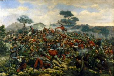 Risorgimento : la bataille de Calatafimi en Sicile entre les troupes de Giuseppe Garibaldi (1807-1882), les Mille et l