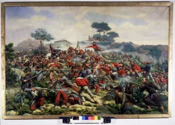 Risorgimento : la bataille de Calatafimi en Sicile opposant les troupes de Giuseppe Garibaldi (1807-1882), les Mille contre l