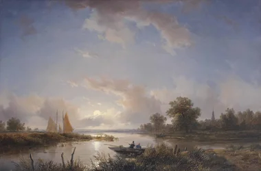 Pêcheurs dans un bateau à rames au crépuscule