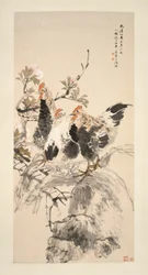 Coqs et abricotiers en fleurs