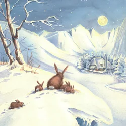 Famille de lapins dans une nuit enneigée