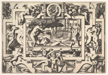 Médée verse une potion magique sur Jason Le roi Aeson tant caduque et chenu en une cuve elle..., 1563