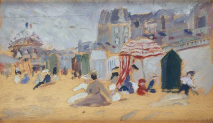 Parasols et cabines de bain sur la plage