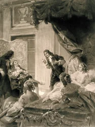 Scène de la pièce "Le Malade Imaginaire" de Molière, fin du 19e - début du 20e siècle