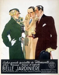 Publicité de "La plus grande spécialité de vêtements pour hommes, dames et enfants Belle Jardinière", hiver 1935