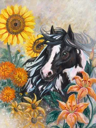 Un cheval au milieu des tournesols