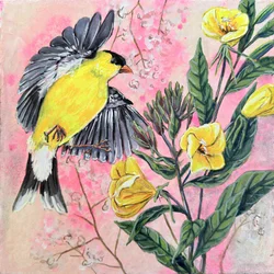 Un chardonneret éclatant et des fleurs jaunes