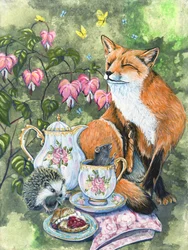 « Afternoon Tea » : un hérisson et une souris de la collection Fox, accompagnés de fleurs de cœur saignant, par Renee Machan