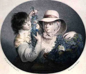 Paysans avec fruits et fleurs, gravé par J.B. Michel, pub. par John & Josiah Boydell