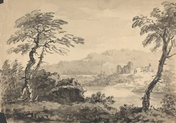 Paysage avec deux arbres et château