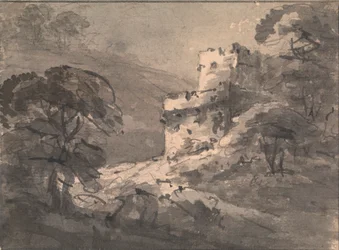 Paysage avec un château en ruine à droite