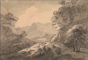 Paysage montagneux avec rocher à droite