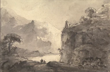 Paysage rocheux avec deux figures sur un chemin au centre