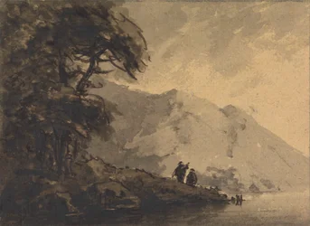 Deux figures sur le rivage avec une montagne derrière