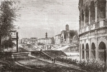 Approche du Forum depuis la colline de Cælius, Rome, Italie à la fin du XIXe siècle. Extrait de 