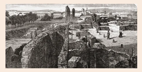 Vestiges de la Bibliotheca dans le palais des Césars, colline du Palatin, Rome, Italie à la fin du XIXe siècle. Tiré de 