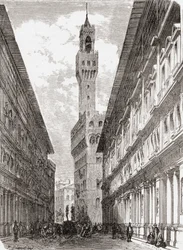 Les Offices, le Palazzo Vecchio et les statues de la Piazza della Signoria, Florence, Italie à la fin du 19e siècle. De 