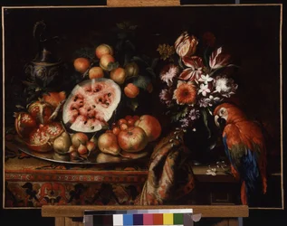 Nature morte avec perroquet rouge (et fruits)
