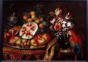 Nature morte avec perroquet rouge et fruits