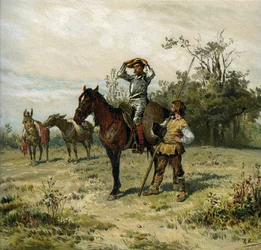 Don Quichotte monte Rossinante et porte son casque, Sancho Panza porte sa lance.