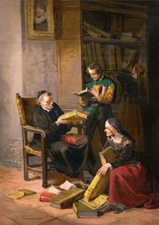 Le prêtre Pero Perez et le barbier Nicolas inspectent les livres de la bibliothèque de Don Quichotte.
