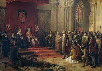 Christophe Colomb reçu par les rois catholiques à Barcelone à son retour de son premier voyage en Amérique, peinture de 1874 par Ricardo Balaca (1844-1880), huile sur toile