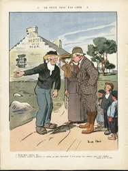 Illustration de Ricardo Flores (1878-1918) dans Le Rire, 20/07/12 - Le petit trou bon marché - Campagne, Mode, Marine maritime, Mode masculine, Tourisme, Touristes, Hôtel