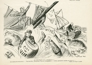 Illustration de Ricardo Flores (1878-1918) dans Le Rire, 25/05/12 - Le naufrage du radicalisme - Radicalisme, Marine maritime, Fumer, Yachting, Tabac - Combes Émile (1835-1921), André Louis (1838-1913), Pelletan Camille (1846-1915) - Parodie graphique