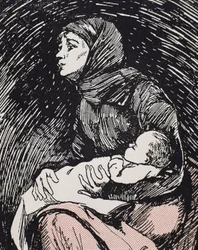 Veille de Noël. 1900. Une femme maigre avec son enfant dans les bras (gravure)
