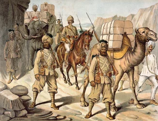 Escorte du 20e infanterie indigène du Bengale (Punjab), kit de service sur le terrain, armée anglo-indienne des années 1880