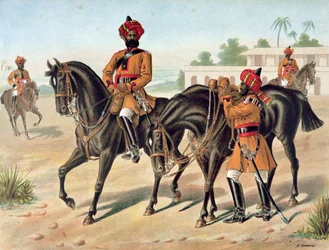 Le 1er Bengal Cavalry, Ordre de Revue, Armée anglo-indienne des années 1880 (lithographie en couleur)