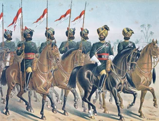 Les 2e lanciers de Bombay, ordre de revue, armée anglo-indienne des années 1880 (lithographie en couleur)