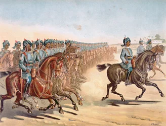 Le 3e Cavalerie légère de Madras, ordre de revue, armée anglo-indienne des années 1880 (lithographie en couleur)