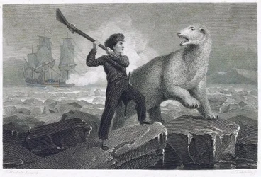 Le jeune Horatio Nelson (1758-1805), participant à une expédition au pôle Nord en 1773, combattant un ours polaire sur la glace, son fusil étant bloqué, il a essayé de le repousser en le frappant avec la crosse, car il voulait offrir à son père un coa