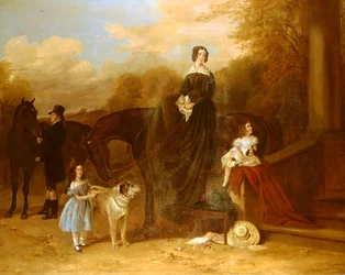 Une famille avec leurs chasseurs et chiens devant un manoir, 1841