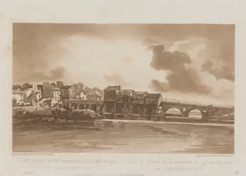 Sur les rives de la Marne sous le pont de Charenton 1803 ; Planche 19 des Vues de Paris, le volume Emanuel traçant la planche B1981.25.2628
