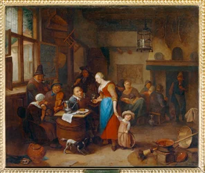 Buveurs et musiciens dans un cabaret, avec enfant au berceau - Drinkers in a tavern, a baby in a cradle ...