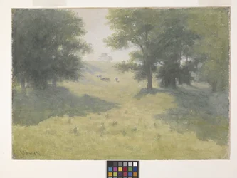 Paysage avec vaches et colline