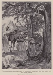 Femmes arabes se prosternant devant un arbre sacré en prière pour avoir des enfants (lithographie)