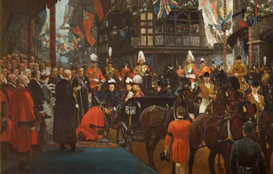 La reine Victoria adoubant Herbert Ashman, Esq., premier lord-maire de Bristol, à la maison du conseil, le 12 novembre