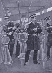 Amiral Togo dans la tour de commandement de son navire amiral, dirigeant une action navale, illustration de l