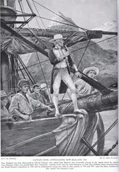 Le capitaine Cook approchant de la Nouvelle-Zélande, illustration tirée de « Hutchinson