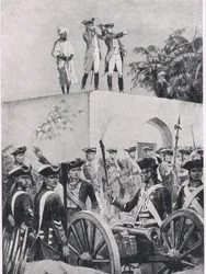 Bataille de Plessey, 23 juin 1757 : Clive sur le toit du pavillon de chasse de Nawab Surat-ud-Daula, illustration de British Battles on Land and Sea, 1915